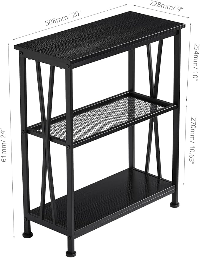 Narrow Side Table,3-Tier End Table With Storage Shelves,Small Hallway Table, Industrial Accent Table With Metal Frame Slim Nightstand Sofa Side Table for Small Spaces,Living Room, Bedroom,Black