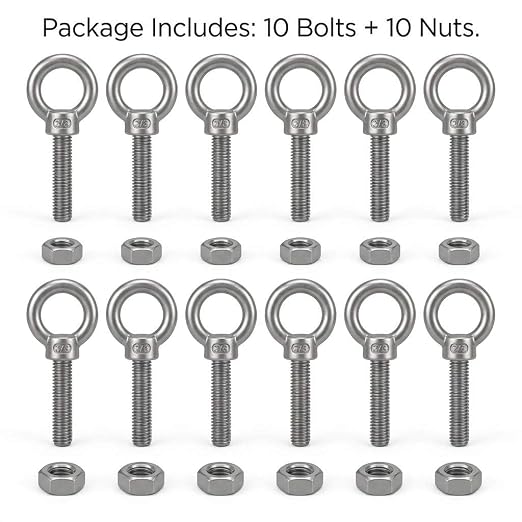 QWORK 3/8"x6" Stainless Steel Shoulder Eye Bolts – 10 Pack Machine Thread Set with Nuts for Metal Frame, Rigging & Cable Mounting