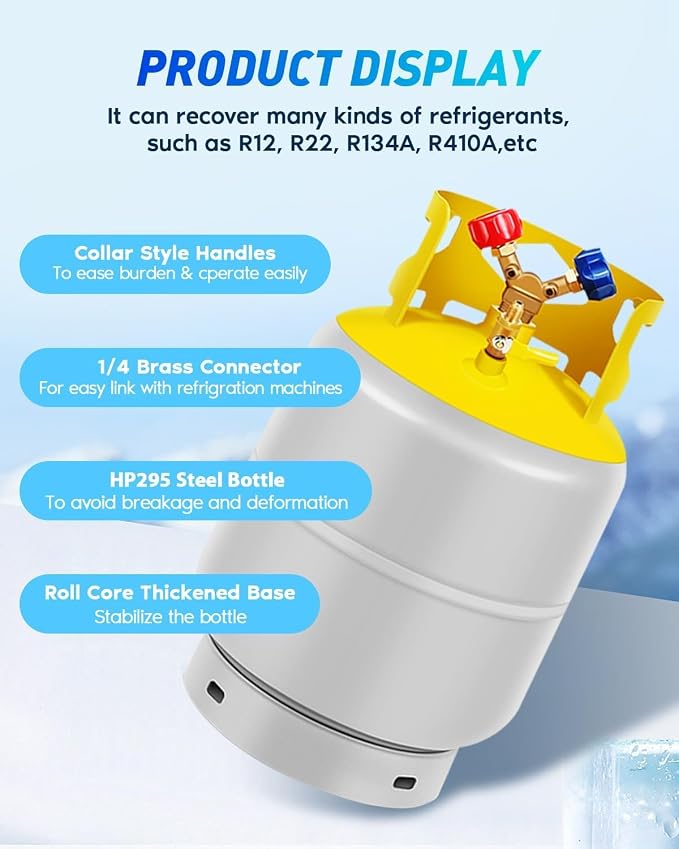 Recovery Tank Refrigerant Recovery Cylinder Tank 30 LB with 1/4 SAE Y-Valve Liquid/Vapor Reclaim Tank AC Freon Refrigerant Recovery Tank Reusable Cylinder Tank Without Float Switch