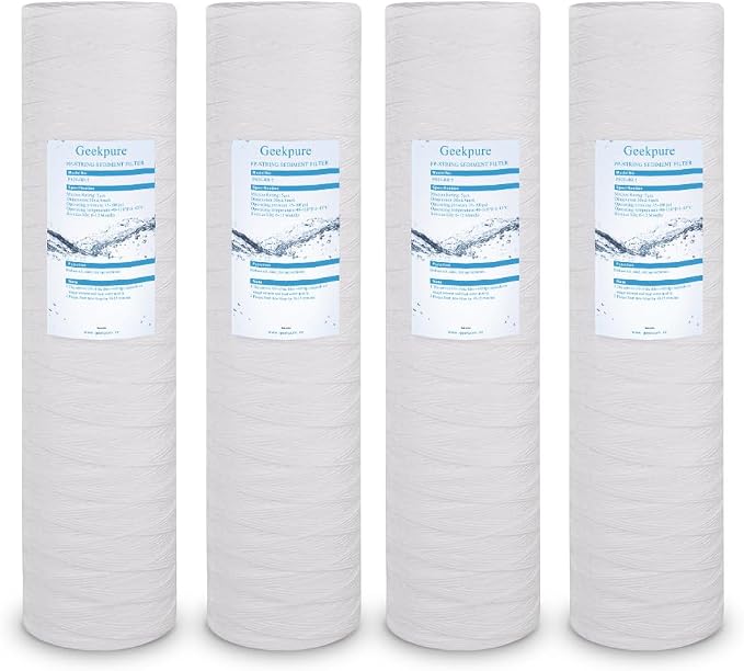 Geekpure Whole House String Wound PP Sediment Replacement Filter Cartridge-4.5" x 20"-5 Micron- Pack of 4