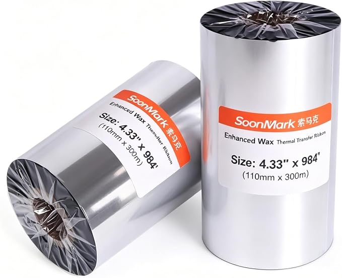 4.33" x 984' Premium Resin Enhanced Wax Ribbon110mm X 300m Thermal Transfer Wax Resin Ribbon,Barcode Thermal Label Printer Ribbon,1'' Core for Zebra, TSC, GoDex, Citizen (1 Roll)