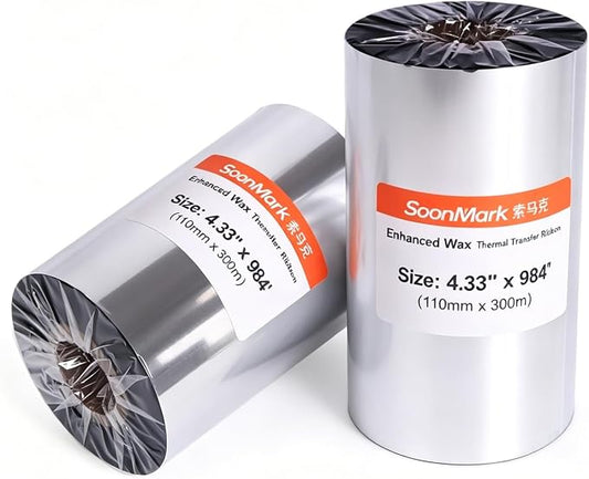 4.33" x 984' Premium Resin Enhanced Wax Ribbon110mm X 300m Thermal Transfer Wax Resin Ribbon,Barcode Thermal Label Printer Ribbon,1'' Core for Zebra, TSC, GoDex, Citizen (1 Roll)