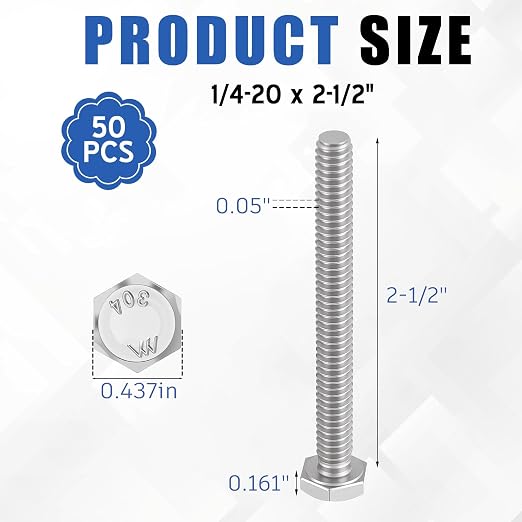 Zonon 50 Pcs 1/4-20 x 2-1/2" Hex Head Screw Bolt 18-8 (304) Stainless Steel Hexagon Bolts, Fully Threaded, Plain Finish, External Hex Drive (Silver)