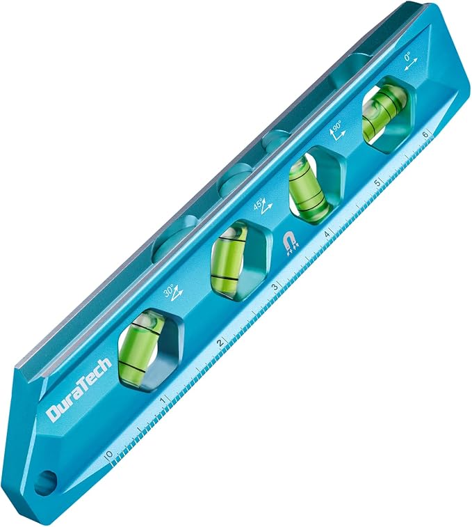 DURATECH 8-Inch Level, Magnetic Torpedo Level with 0°/30°/45°/90° Bubbles, V-Groove, Large Viewing Window, Aluminum Alloy Body, Hanging Hole, SAE and Metric Scale for DIY Projects and Household Use