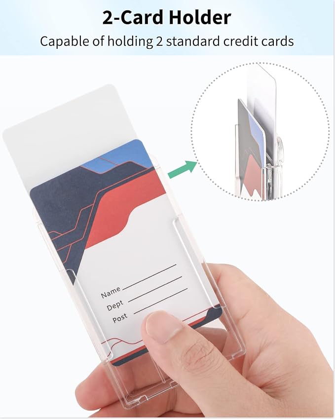 Pawfly 5 Pack Vertical 2-Card Badge Holders for Office School IDs | Rigid transparent vertical holder fits 2 cards; thumb slot makes office, school and access IDs easy to remove