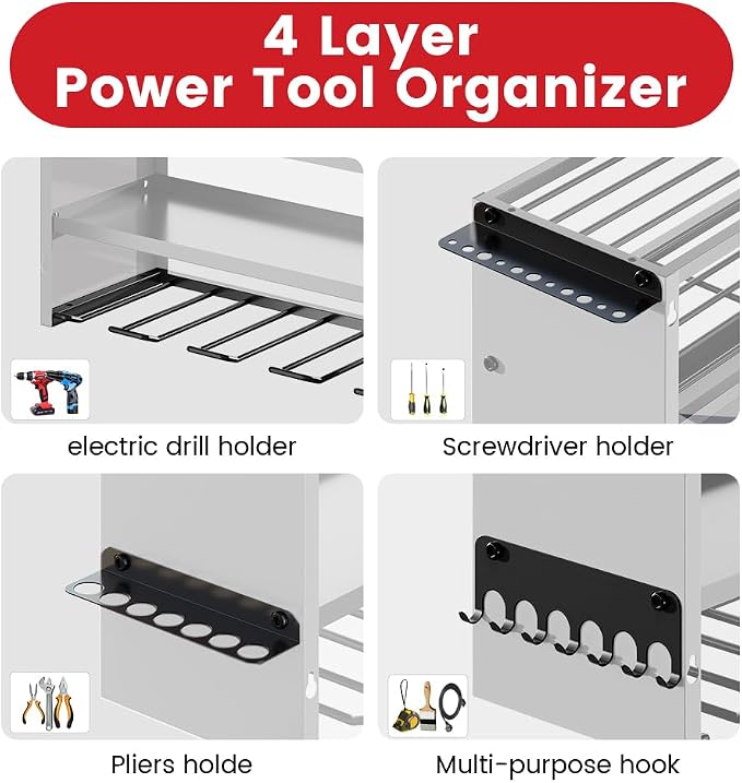 53" Power Tool Organizer Wall Mount with Power Strip, Heavy Duty Metal Tool Shelf, 400lbs Capacity for Cordless Drills, Batteries & Garage Storage (12 Slots with 8 Outlets Power Strip)
