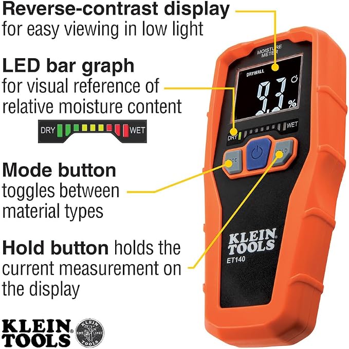 Klein Tools IR5 Dual Laser 12:1 Infrared Thermometer & ET140 Pinless Moisture Meter for Non-Destructive Moisture Detection in Drywall, Wood, and Masonry; Detects up to 3/4-Inch Below Surface