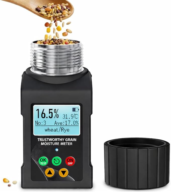 Grain Moisture Tester for 40 Grains, Smart Grain Coffee Bean Moisture Meter with Temperature Measurement, Data Storage, Portable Cup-Type Grain Moisture Detector for Wheat, Corn, Cocoa Beans, Seed