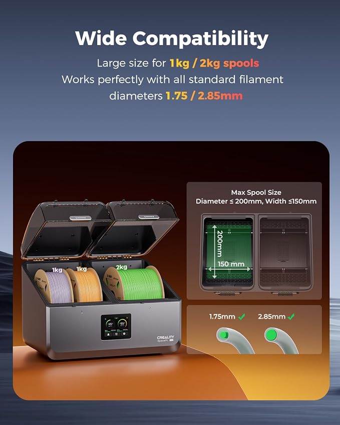 Creality Space Pi X4 Filament Dryer, 4 Spools Filament Dry Box with Dual-Chamber Heated Storage, Max 85℃ Temerature, Independent Temperature Control for PLA, PETG, ABS, TPU, Nylon, ASA
