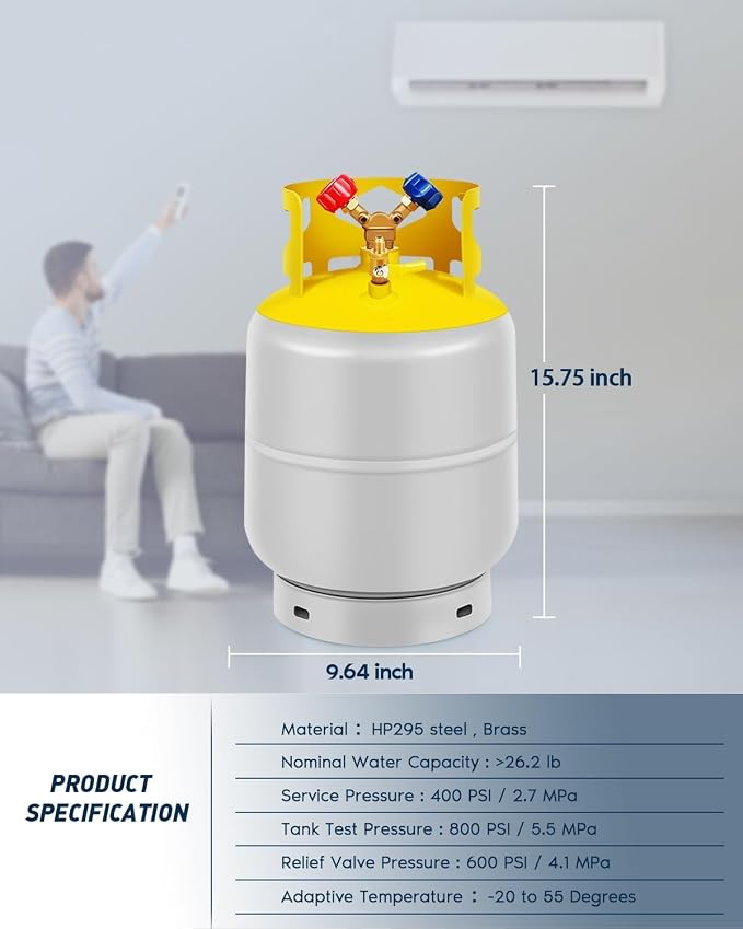 FAHKNS Refrigerant Recovery Tank 30 LB with 1/4 SAE Y-Valve Liquid/Vapor Reclaim Tank AC Freon Recovery Tank Refrigerant Recovery Cylinder Tank Reusable Cylinder Tank Without Float Switch Gray Yellow