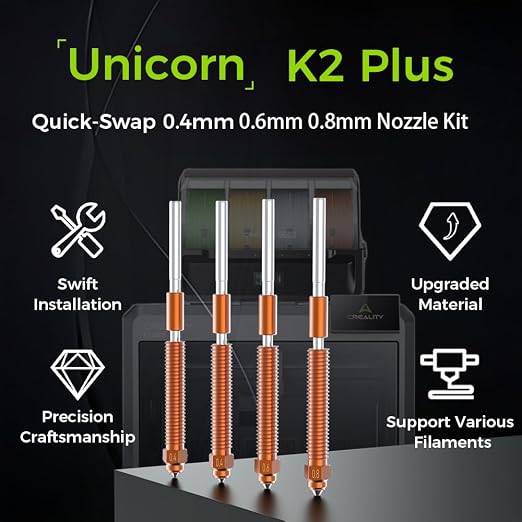 Creality K2 Plus Nozzle, K2 Pro Hotend Nozzles Replacement Kit with Titanium Alloy, Copper Alloy, Hardened Steel, High Flow Upgraded Unicorn Nozzle for K2/ K2 Pro Combo (0.4 0.6 0.8mm 4PCS)