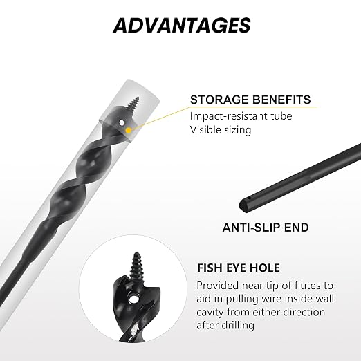 HUAALIUCHE 36" Flexible Installer Drill Bit for Pulling Wires in Walls, Ceilings, and Sidewalks, 3/4" Auger with Screw Point & Fish Eye, 1/4" 3-Flat Shank for Wood & Conduits, with Storage Tube