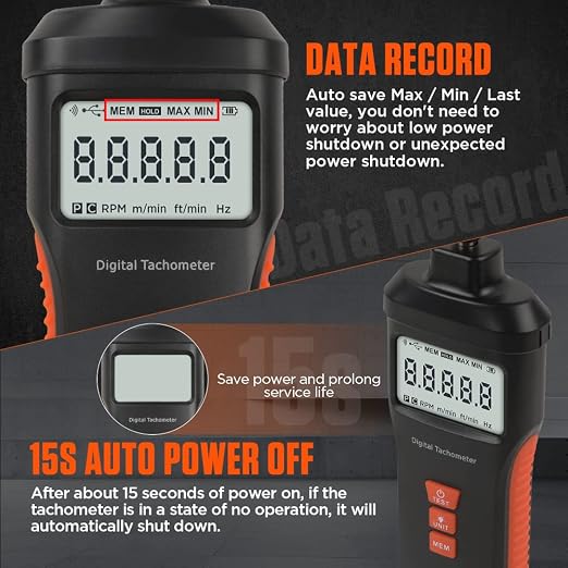 Tachometer Contact & Non-contact Digital Tachometer 4 Test Mode Laser Photo Tachometer 1.0～99999RPM High Accuracy RPM Tachometer with 4 Contact Probes, Backlit Display, Data Memory/Hold,Auto Power Off