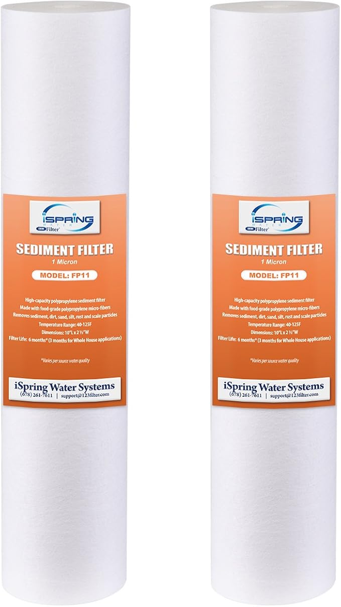iSpring FP11X2 Sediment Water Filter Cartridges Replacement, 1 Micron 10" x 2.5" Universal Sediment Filter, 15,000-Gallon Multi-Layer Cartridge, 2 Pack