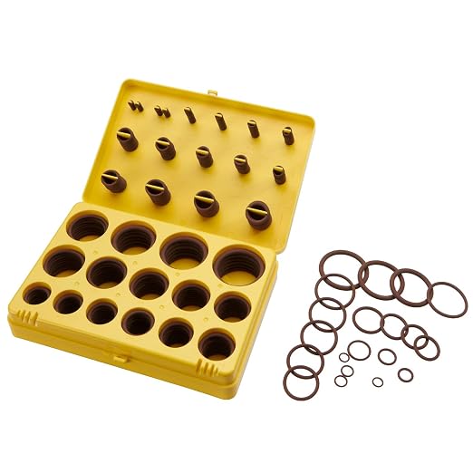 BUSY-CORNER 382 Pieces FKM O Ring Kit, Fluorocarbon 75A, 30 Inch Sizes, Chemical Resistant and Oil Resistance O-Rings for Various Chemicals, Hydraulic, Cylinders, Plumbing (Yellow Box, Brown Orings)