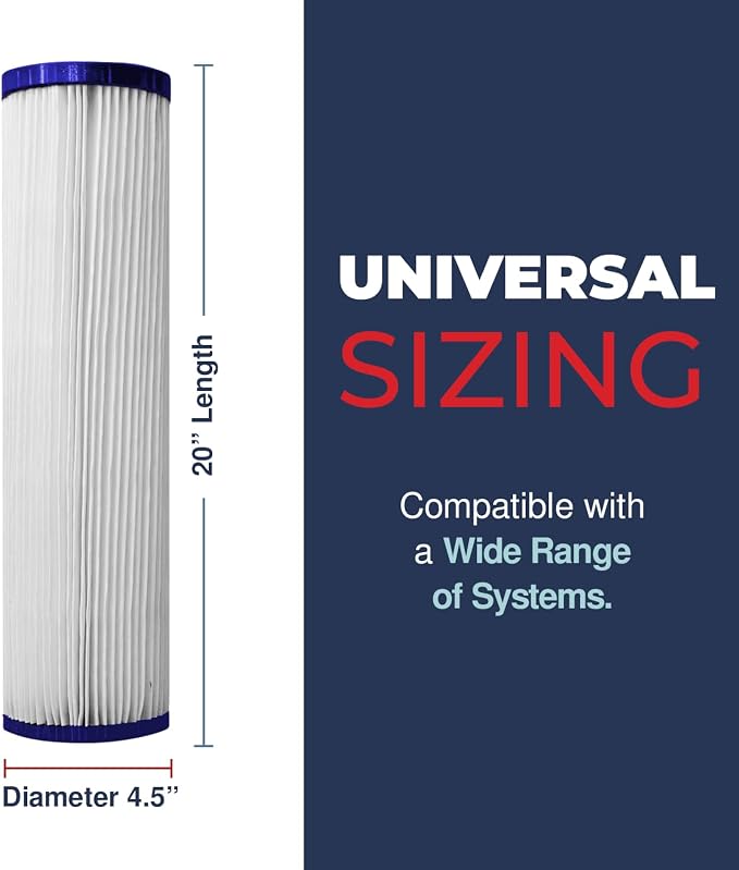 High Performance, 20 Inch Whole House Pleated Water Sediment Filter Replacement 5 Micron Water Filter Cartridge Compatible with ECP5-20BB, SPC-45-2005, Made in USA, 4-Pack