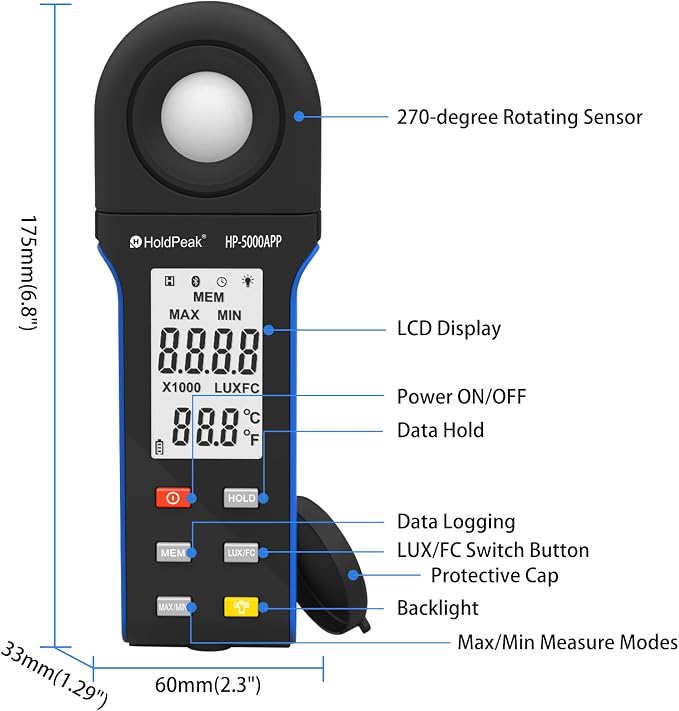 Illuminance Light Meter with Bluetooth 2PCS, HOLDPEAK Digital Lux Foot Candles Meter 0.1~400,000 Lux with 270º Rotating Sensor, Lumen Meter Luxmeter for Plants, Car Headlights, Home & Office LEDs
