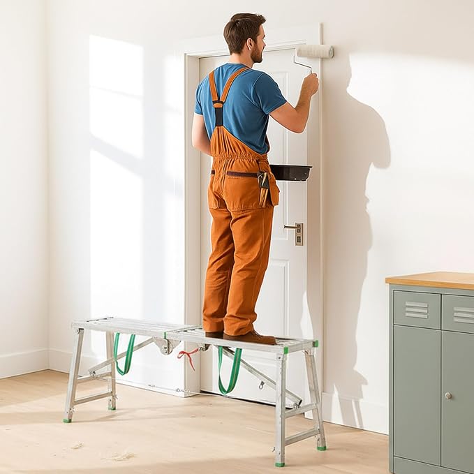 Zonon 24" to 35" H Folding Work Platform 400 Lbs Capacity Portable Scaffolding Step Stool 4 Height Adjustment 47" x 11.8" Non Slip Work Platform Ladder for Home Drywall Cleaning Painting