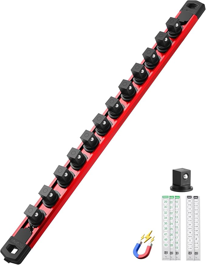 ALOANES Magnetic Socket Organizer Set, 1/2-Inch Drive Heavy Duty Aluminum Socket Rail Organizer, 360° Swivel Clips Socket Holder Kit for Toolbox Drawer Fit 1/2-Inch x 12 Clips (Red, 1PC)