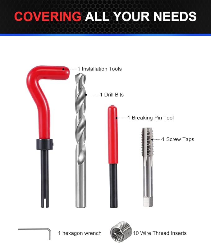 Kolvoii 7/16"-14 Helicoil Thread Repair Kit, SAE UNC 7/16 Inch Standard Helicoil kit with HSS Drill Bit, Tap & Stainless Steel Inserts for Bolt Thread & Truck Repair