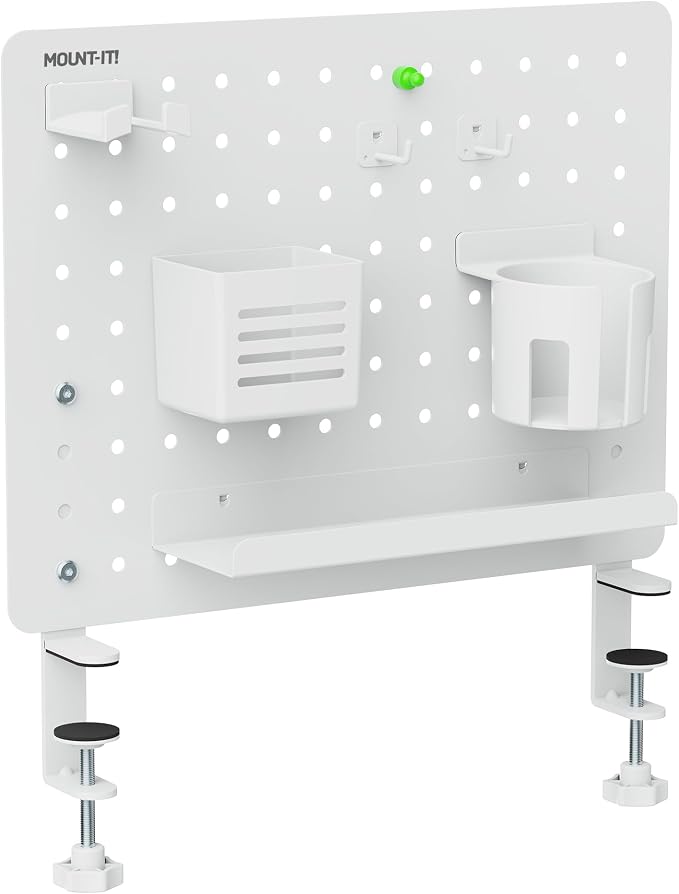 Mount-It! Clamp-On Pegboard Organizer | Adaptable Desk Storage for Home Office, Gaming & Crafting | Easily Organize Essentials with Shelf, Cup Holder & Hooks (White)