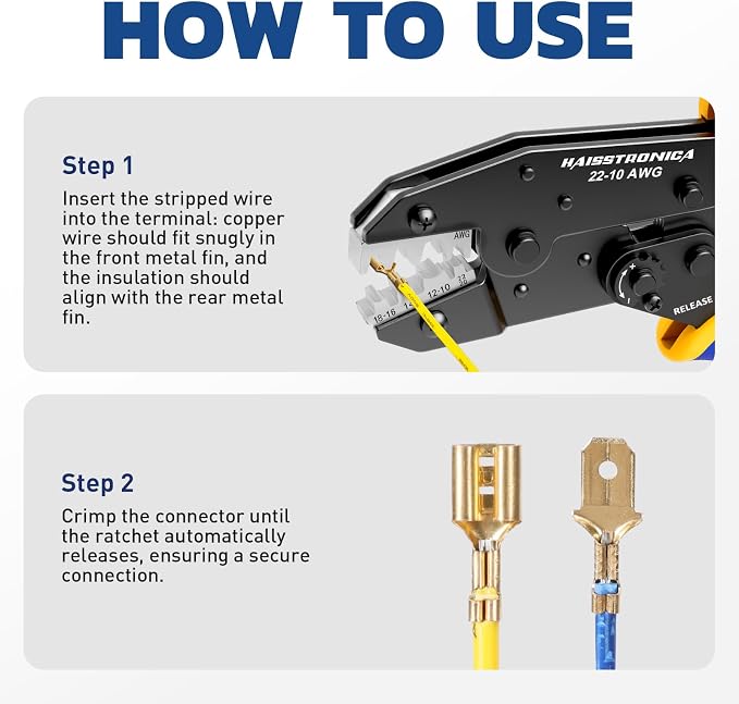 Haisstronica Crimping Tool for Non-Insulated Open Barrel Terminals Receptacles,AWG 22-10 Ratchet Wire Crimper Tool,Wire Terminal Crimper HS-5327