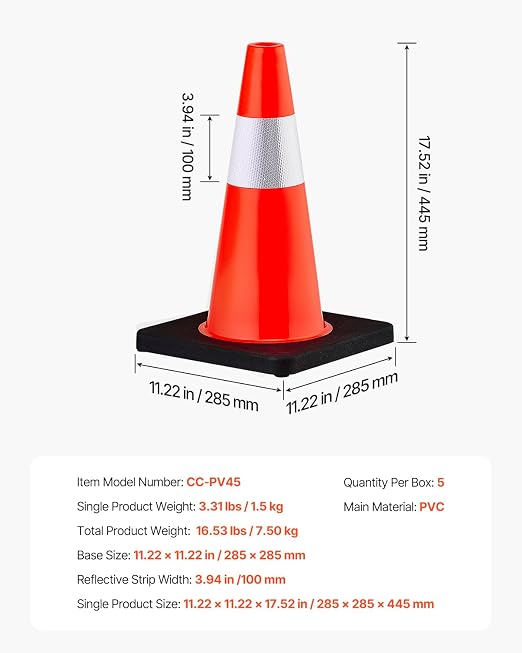 VEVOR Safety Cones, 5 Pack 18" Traffic Cones, PVC Orange Construction Cones with Reflective Collars and Black Weighted Base, for Traffic Control, Driveway Road Parking and School Improvement