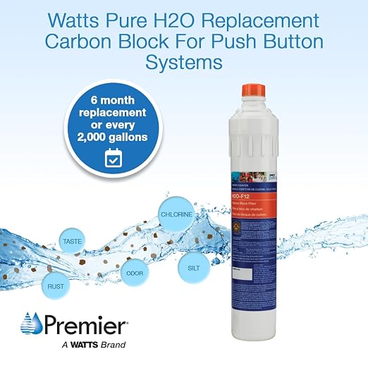 Watts Premier H2O-F12 Pure H2O 5-Micron Carbon Block Water Filter Replacement for H2O-DWCB200, H2O-DWUF300, H2O-DWRO300 Under Counter Water Filtration Systems, Push Button Design