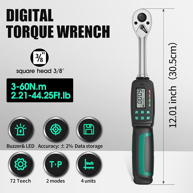 3/8" Digital Torque Wrench 1.33-44.25 ft-lb/1.8-60 Nm, ±2% Accuracy, LED & Buzzer Alerts, 4 Units, Industrial CR-V Steel, Calibration Report & Protective Case for Car, Motorcycle, Bike Repair