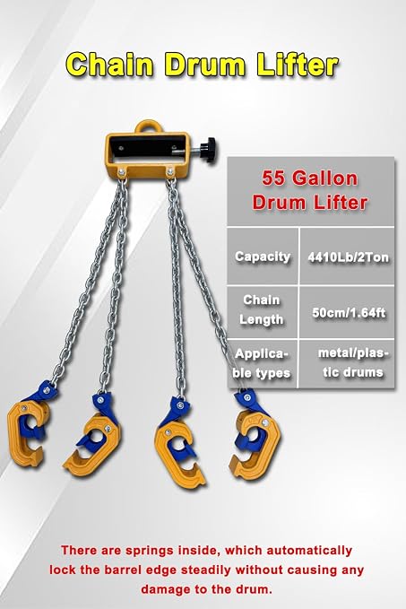 2Ton Barrel Lifting Chain for Plastic & Steel Drums 、4410LBS 20in Length, 4 Hooks Chain Drum Lifter Barrel clamp for 55 Gallon Drum Lifting Device Fits for Crane, Forklift【2T- 4Hooks】