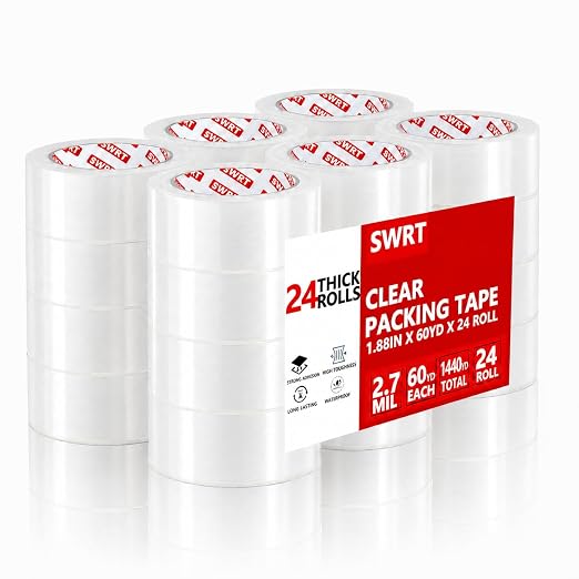 SWRT 2.7Mil Thick Ultra Clear Packing Tape, 24 Rolls Heavy Duty Packaging Tape for Shipping Packaging Moving Mailing, Thicker Sealing Tape-1.88" x 60 Yards Per Roll, 1440 Total Yards