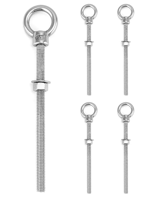 QWORK Threaded Eyebolts, 5 Pack 3/8" x 6" Long Stainless Steel Marine Grade Shoulder Eye Bolt