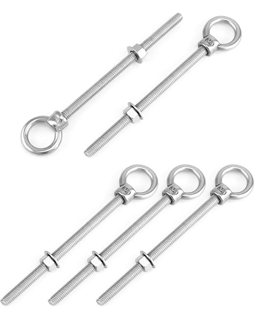 QWORK 316 Stainless Steel Machinery Eye Bolt with Shoulder, 5 Pack 3/8" x 6" Long Stainless Steel Marine Grade Shoulder Eye Bolt, Threaded Eyebolts, WD30279
