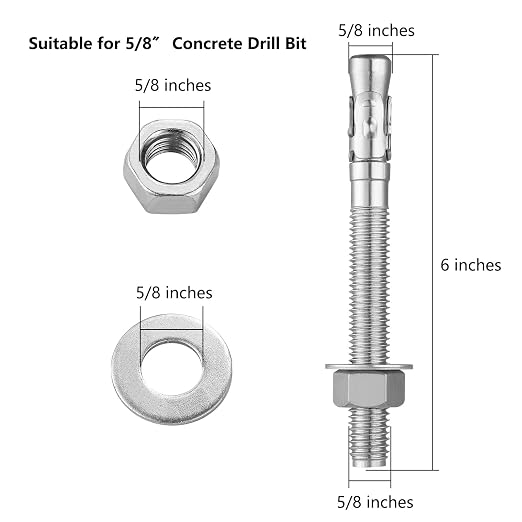 Wensilon 5Pcs 5/8x6 Inch Standard Fasteners for Heavy-Duty 304 Stainless Steel Wedge Anchors for Cement and Concrete