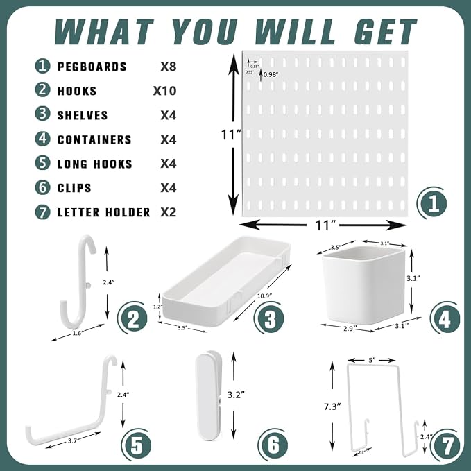 MULSAME Pegboard Combination Kit, 25.2" x 50.4" Wall Mounted Storage Set with 8 Pegboards & 40 Accessories Hanging, Peg Boards Organizer