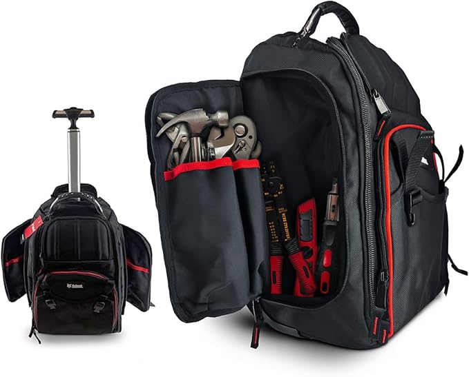 Bobcat Tool Organizer Backpack, EVA Hard Pocket, Large Capacity Storage for Electricians & Technicians, Heavy Duty Mobile Tool Bag (Black/Red Rolling tool Bag)