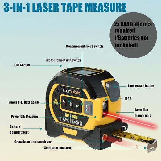 Tape Measure 3-in-1 Tape Measure - Digital Measuring Tape with Data Storage Function Vertical Crosshair Rangefinder, LCD Display, 16Ft Tape,60M/197Ft Rangefinder,Yellow:60M.