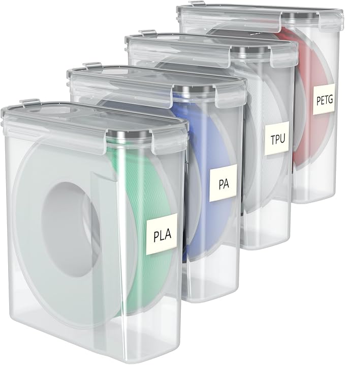 3D Printer Filament Storage Box, 4-Pack Airtight Containers for 1kg | Airtight silicone gasket and locking clips protect 1kg filament spools from moisture and dust for stable printing performance