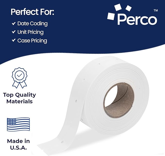Perco 2 Line Removable Adhesive Labels - 6,000 Blank Price and Date Gun Labels for Perco 2 Line Price and Date Guns - 8 Rolls, 1 Sleeve - Made in USA