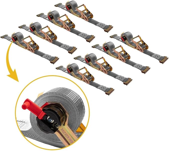 Mytee Products 8 Pk 2'' x 16' Rocker Winder Auto Retractable Ratchet Straps for E-Track - Retractable Tie Down Straps with 4,500 lbs BS - Self Ratcheting Strap for Boat, Jet Ski, ATVs - Gray