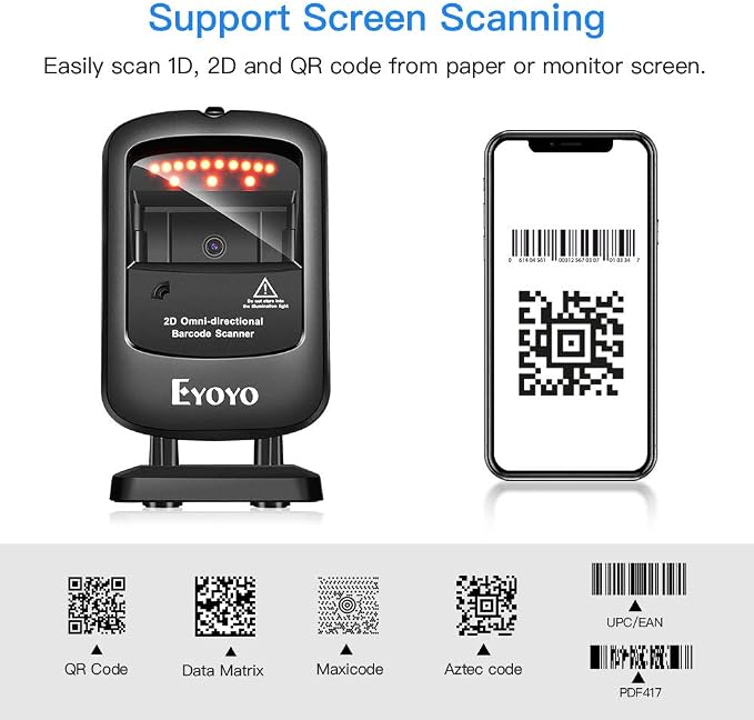 Eyoyo 1D 2D Desktop Barcode Scanner, Omnidirectional Hands-Free USB Wired Barcode Reader, Capture Barcodes from Mobile Phone Screen, Automatic Image Sensing for Supermarket Library Retail Store