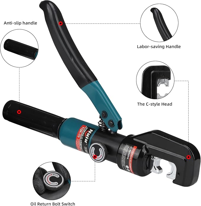 YQK-70 Hydraulic Crimper 6T, Wire Crimper Tool for Battery Cable Terminals 4-70mm² (12 AWG to 2/0 AWG) with 8PCS Hex Dies, 10mm Stroke, 180° Swivel Head - Professional Electrician Crimper (Blue)