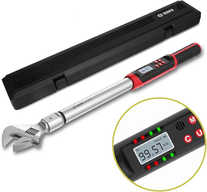 VANPO Digital HVAC Torque Wrench 5-99.6 ft.lb, 38mm Adjustable Jaw | 6.8-135 N.m, ±2% Accuracy, LED Buzzer Alert, 14x18mm Open End, Adjustable Digital Torque Wrench for Mini Split AC, Pipeline