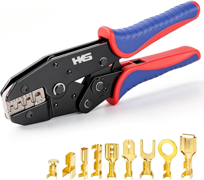 HKS Crimping Tool For Non-Insulated Open Barrel Terminals & Receptacles - Ratcheting Wire Crimpers - AWG 20-10 (0.5-6mm²) U-Shaped- Ratchet Terminal Crimper - Electrical Crimping Tool