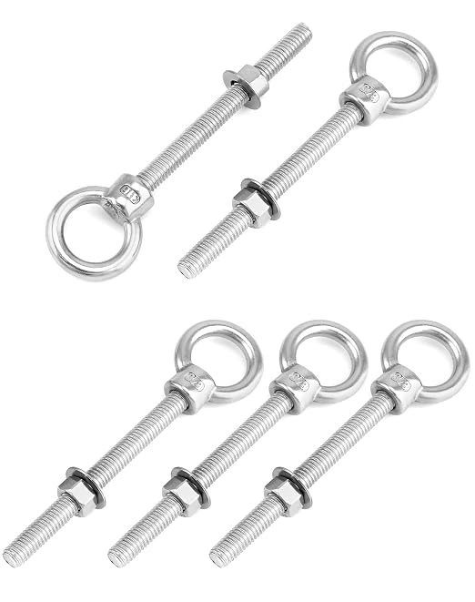 QWORK 316 Stainless Steel Machinery Eye Bolt with Shoulder, 5 Pack 3/8" x 4" Long Stainless Steel Marine Grade Shoulder Eye Bolt, Threaded Eyebolts
