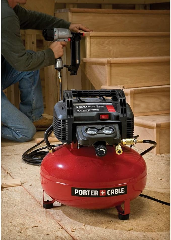 PORTER-CABLE Portable Pancake Air Compressor, 6 Gallon, 150 Max PSI | Oil-Free Maintenance-Free Pump, Wood Working, Roofing, Home, Jobsite, 2.6 CFM @ 90 PSI