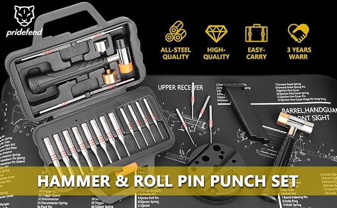 Pridefend Punch Set, Roll Pin Punch Set Made of Solid Metal Material,Elite Tool Including Steel Pin Punch Set, Roll Pin Starter Punch and Hammer,with Organizer Storage Box (with Bench Block)