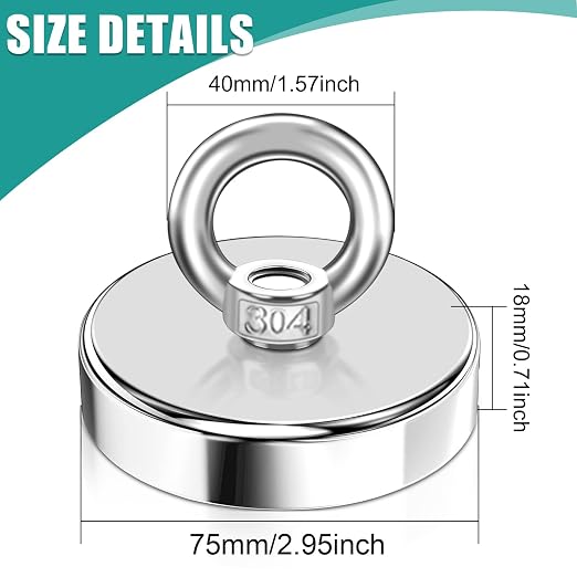 Lift Fishing Magnets 2.95' (75 mm), Super Strong Heavy Duty, Large Rare Earth Neodymium Magnets for Retrieving