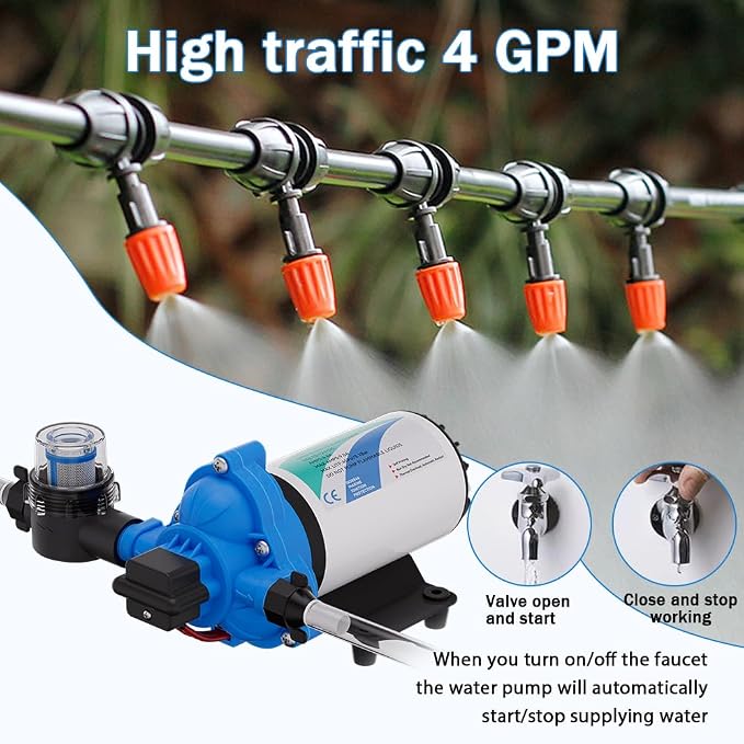 12V DC Electric High Voltage Diaphragm Pump, Equipped with pressure switch，4.0GPM, 45PSI, In line Water Transfer Pump, Camping Water System, Garden Hose and Pump Demand Water Pressure Boosting Pump