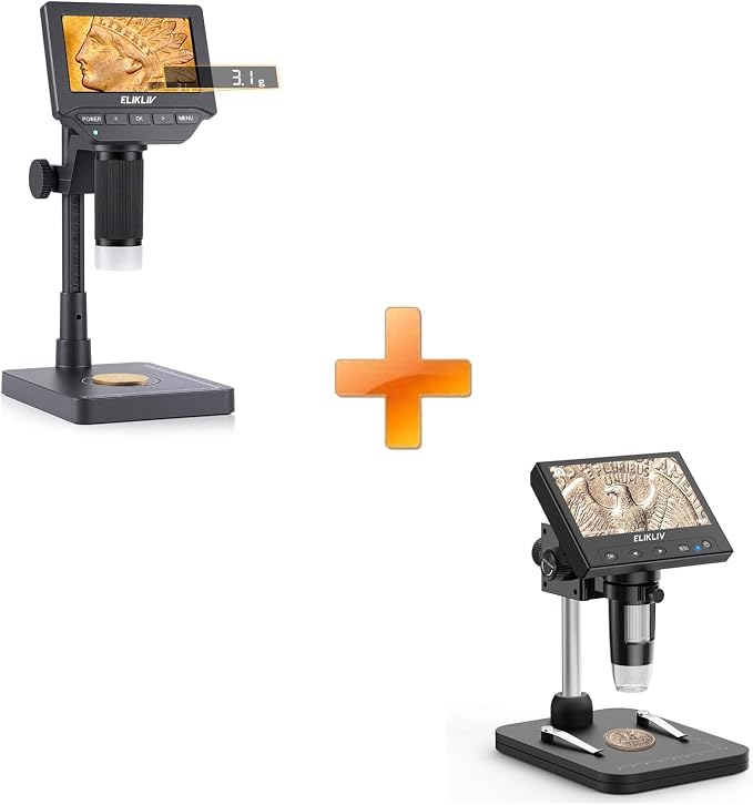 Elikliv EDM4C Coin Microscope with Scale：4.3" Digital Microscope with Adjustable LED+Elikliv Coin Microscope, 4.3'' LCD Digital Microscope 1000x